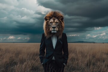 A Surreal image of a lion wearing a business suit standing in the savanna under cloudy skies.