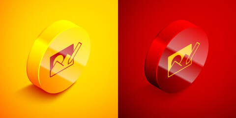 Isometric Photo retouching icon isolated on orange and red background. Photographer, photography, retouch icon. Circle button. Vector