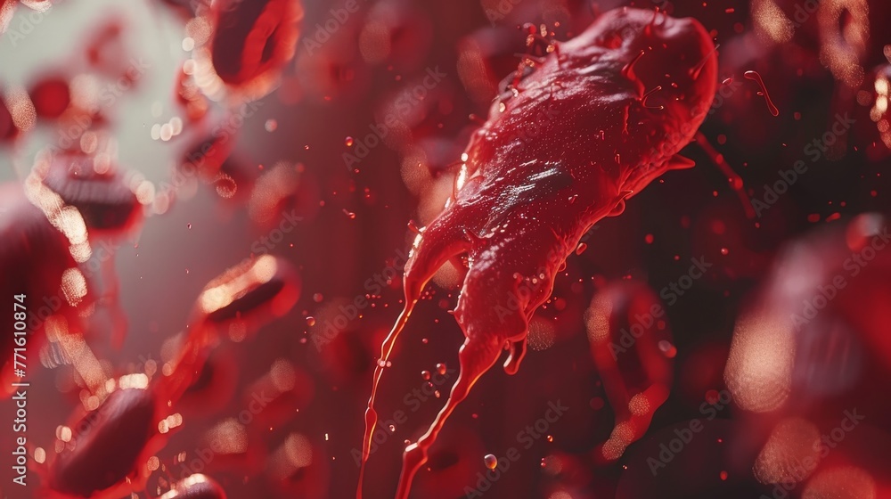 Poster a close up of red blood cells with a red blob in the middle. the blob is a red blood cell that has b