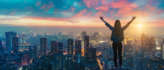 Fototapeta na wymiar A woman raises her arms in triumph against a cityscape at dusk