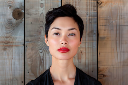 Chic Asian Woman Against Rustic Backdrop. An elegant Asian woman with a modern pixie haircut presents a confident look, her red lipstick accentuating a timeless beauty against rustic wooden background