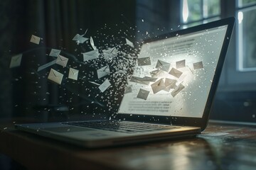 An open laptop screen emitting a burst of email envelopes - obrazy, fototapety, plakaty