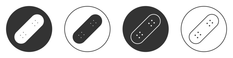 Black Skateboard icon isolated on white background. Extreme sport. Sport equipment. Circle button. Vector