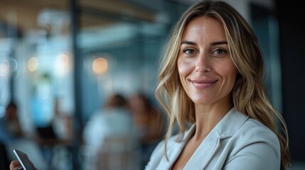 Smiling confident business leader looking at camera and standing in an office at team meeting Portrait of confident businesswoman with colleagues in boardroom Using digital tablet during a meeting