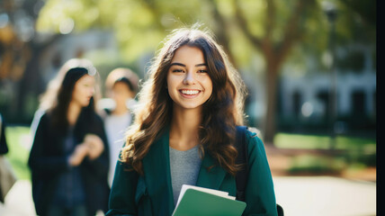 International students college portrait of a brunette woman smiling outdoors back to school education knowledge college university concept