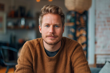 Cozy Café Vibe. A man with striking blue eyes and a casual knit sweater embodies the cozy atmosphere of a café, with a warmly lit interior in the background.