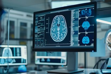 In a modern medical facility an advanced monitor displays a detailed brain scan