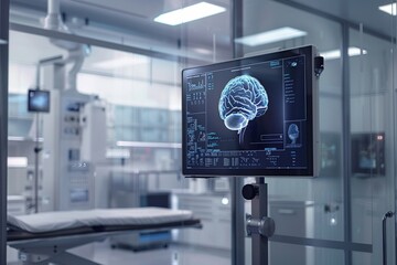 In a modern medical facility an advanced monitor displays a detailed brain scan - obrazy, fototapety, plakaty