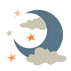 Crescent icon in minimalistic style with clouds and stars. Illustration of half moon isolated on white background. Vector design element for project, banner, invitation.