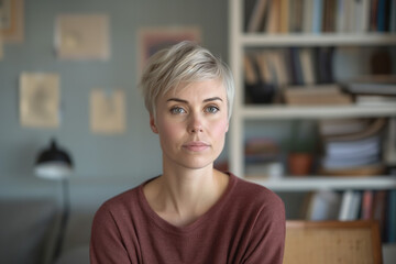 Professional Woman with Short Blonde Hair at Home. A composed portrait of a professional woman with short blonde hair, set in a cozy home office with bookshelves.