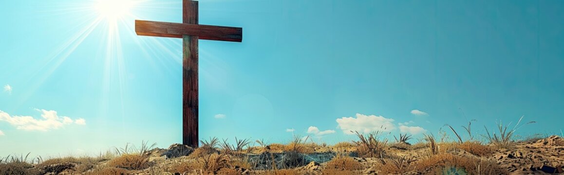 "Easter Day: Wooden Cross under Heavenly Sky"