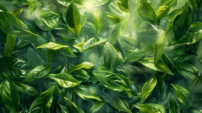 A close up of green leaves with a bright sun shining on them. The leaves are lush and vibrant, creating a sense of freshness and vitality. The image conveys a feeling of growth and renewal