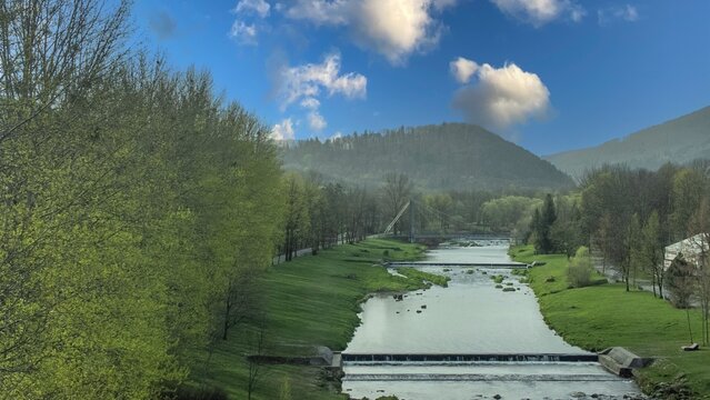 Spring scenery of the Vistula river in Ustron on the hills of the Silesian Beskids. Poland