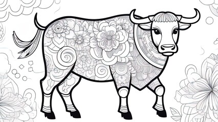 bull illustration, logo. Banner Happy Chinese New Year 2033. bull of asian elements. Chinese new year 2021 year of the ox, trade is profitable and business is booming. coloring book