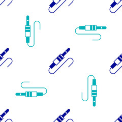 Blue Audio jack icon isolated seamless pattern on white background. Audio cable for connection sound equipment. Plug wire. Musical instrument. Vector