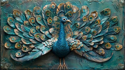 A peacock is depicted in a blue and gold color scheme. The peacock is the main focus of the image, and its feathers are spread out in a fan-like shape - obrazy, fototapety, plakaty