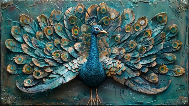 A peacock is depicted in a blue and gold color scheme. The peacock is the main focus of the image, and its feathers are spread out in a fan-like shape