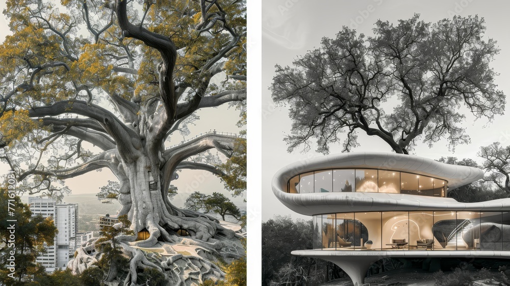Poster the first image shows a large tree with a house in the background. the mood of the first image is pe