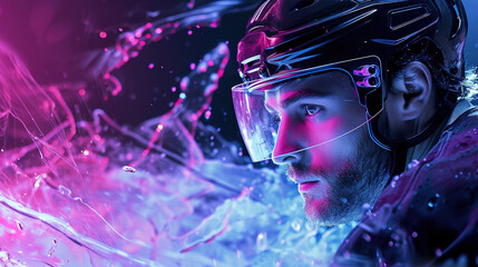 Close-up portrait of a hockey player in a helmet on an ultraviolet background.