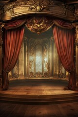 Stage with heavy curtain. Ambiance of a theater setting, showcasing the grandeur of the wooden stage with a prominent heavy curtain as a focal point.