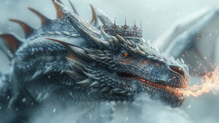 A dragon with a crown on its head is blowing fire. The dragon is surrounded by snow, giving the image a cold and mystical atmosphere