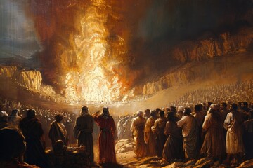 Elijah praying to God and causing fire to fall from heaven on the sacrificial altar facing the prophets of Baal, Generative AI - obrazy, fototapety, plakaty