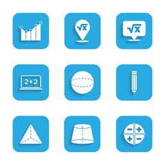 Set Geometric figure Sphere, XYZ Coordinate system, Pencil, Tetrahedron, Chalkboard, Square root of x glyph and Graph, schedule, chart, diagram icon. Vector