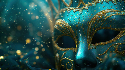 Luxury green Venice carnival mask with feathers for the traditional festival in Venice Italy