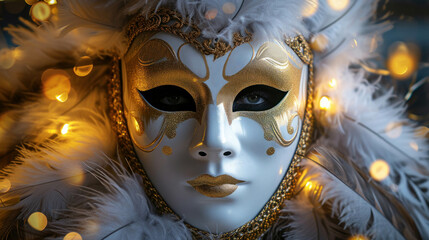 Luxury white Venice carnival mask with feathers for the traditional festival in Venice Italy