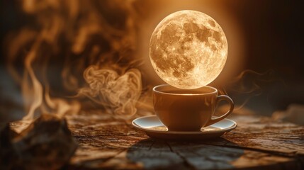 A cup with a glowing moon on top of it. The image has a dreamy, mystical feel to it - obrazy, fototapety, plakaty