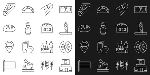 Set line Mausoleum of Lenin, Snowflake, Slavic pagan idol, Satellite, Russian doll matryoshka, Bread loaf, Kankles and Tin can with caviar icon. Vector