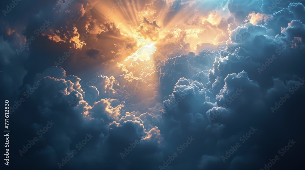 Poster the sky is filled with clouds and the sun is shining through them. the sun is casting a warm glow on