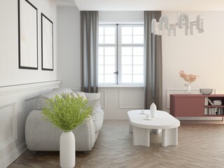 Elegancki luksusowy pokój pomieszczenie salon z wygodną sofa stolikiem kawowym zasłonami na oknach © VILKTERIO