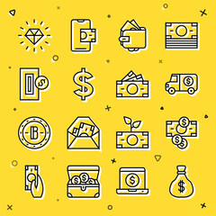 Set line Money bag, Stacks paper money cash, Armored truck, Wallet with, Dollar symbol, Inserting coin, Diamond and icon. Vector