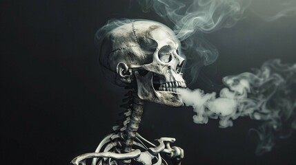 human skeleton doing smoking on dark black smoky background