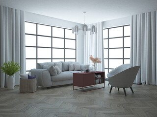 Elegancki luksusowy pokój salon z wygodną sofa stolikiem kawowym zasłonami