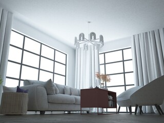 Elegancki luksusowy pokój pomieszczenie salon z wygodną sofa stolikiem kawowym zasłonami na oknach © VILKTERIO