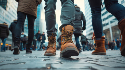 Man wearing brown boots walking on city sidewalk