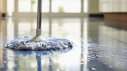 Mop Floors After sweeping, mop hard floors with a suitable cleaner to remove any remaining dirt or stains Pay special attention to hightraffic areas like the kitchen and entryways ,photographic style - obrazy, fototapety, plakaty