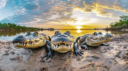 Wandaufkleber Two crocodiles are sitting on the sand with their mouths wide open © Anoo