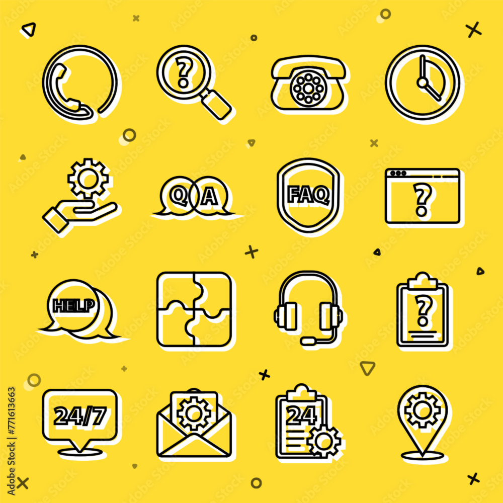 Aufkleber set line location with gear, clipboard question marks, browser, telephone, question and answer, sett