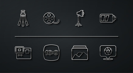 Set line Tripod, Action extreme camera, Battery for, Photo frame, 16, Film reel, Camera shutter and Studio light bulb in softbox icon. Vector