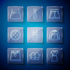 Set line Skirt, Christmas mittens, Woman dress, Short or pants, Sewing button for clothes, Female crop top and Shirt icon. Vector