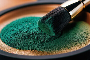 Makeup brush and green eyeshadow - obrazy, fototapety, plakaty