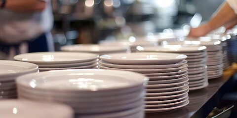 Plates arranged for final touches before being served at a French restaurant. Concept French Cuisine, Plating Presentation, Gourmet Dining, Culinary Delights, Fine Dining Aesthetics