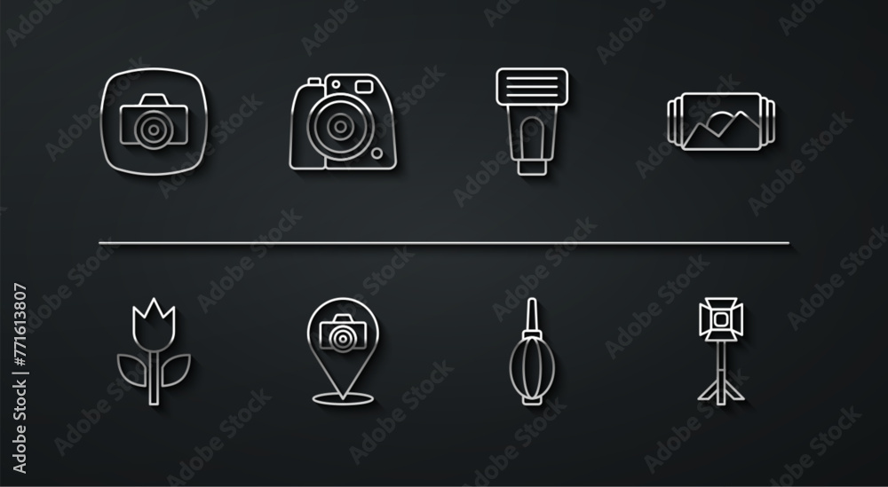 Sticker Set line Photo camera, mode macro, frame, Dust blower, Studio light bulb in softbox and flash icon. Vector