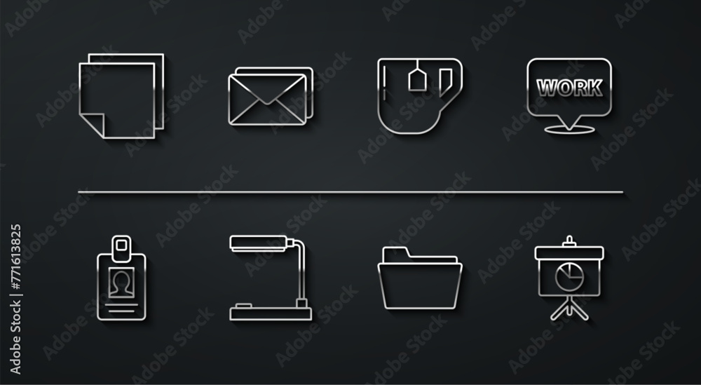 Poster set line post note stickers, identification badge, location with text work, document folder, table l