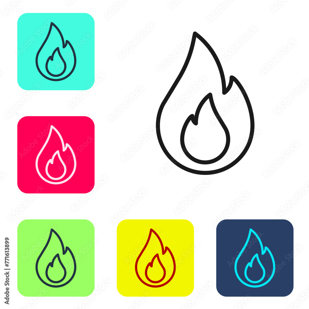 Poster black line fire flame icon isolated on white background. set icons in color square buttons. vector