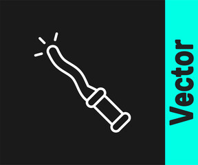 White line Magic wand icon isolated on black background. Star shape magic accessory. Magical power. Happy Halloween party. Vector