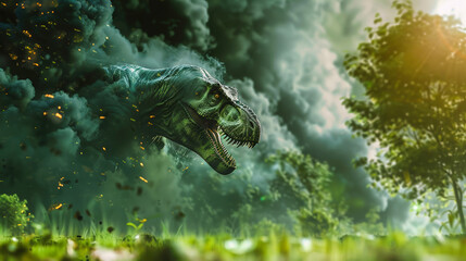 A dinosaur standing in the midst of a dense forest, surrounded by trees and foliage